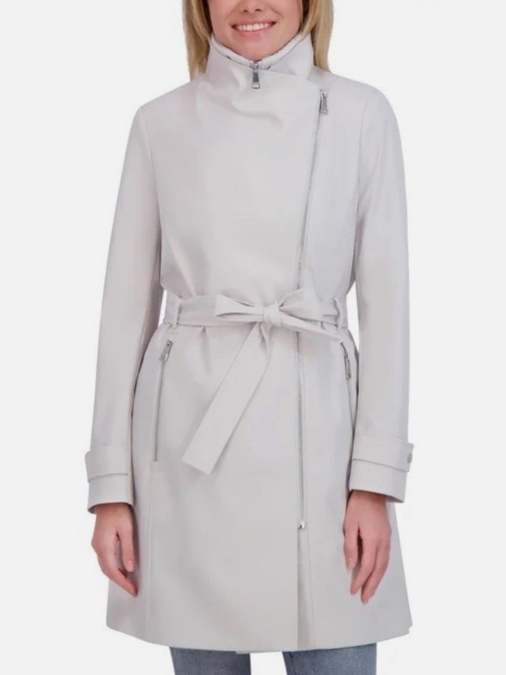 Halston Trench Coat Light Grey Size Large - Picture 2 of 16